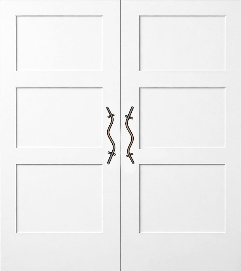 Pair of curved metal handles in an oil rubbed bronze finish on a double door in position 1