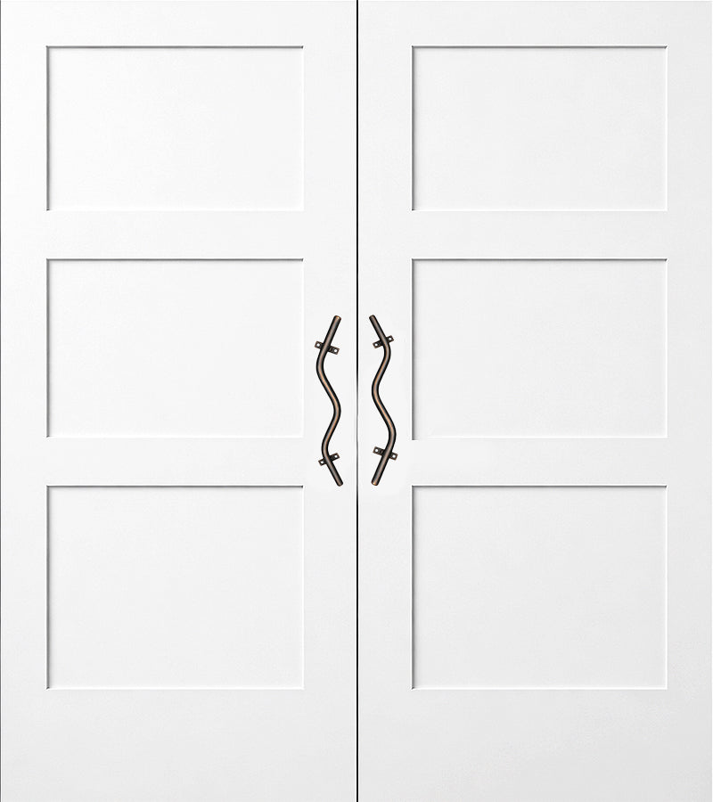 Pair of curved metal handles in an oil rubbed bronze finish on a double door in position 2