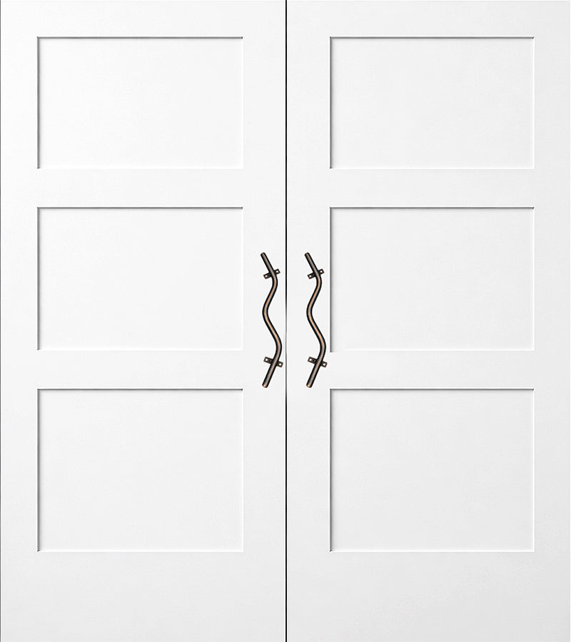 Pair of curved metal handles in an oil rubbed bronze finish on a double door in position 3