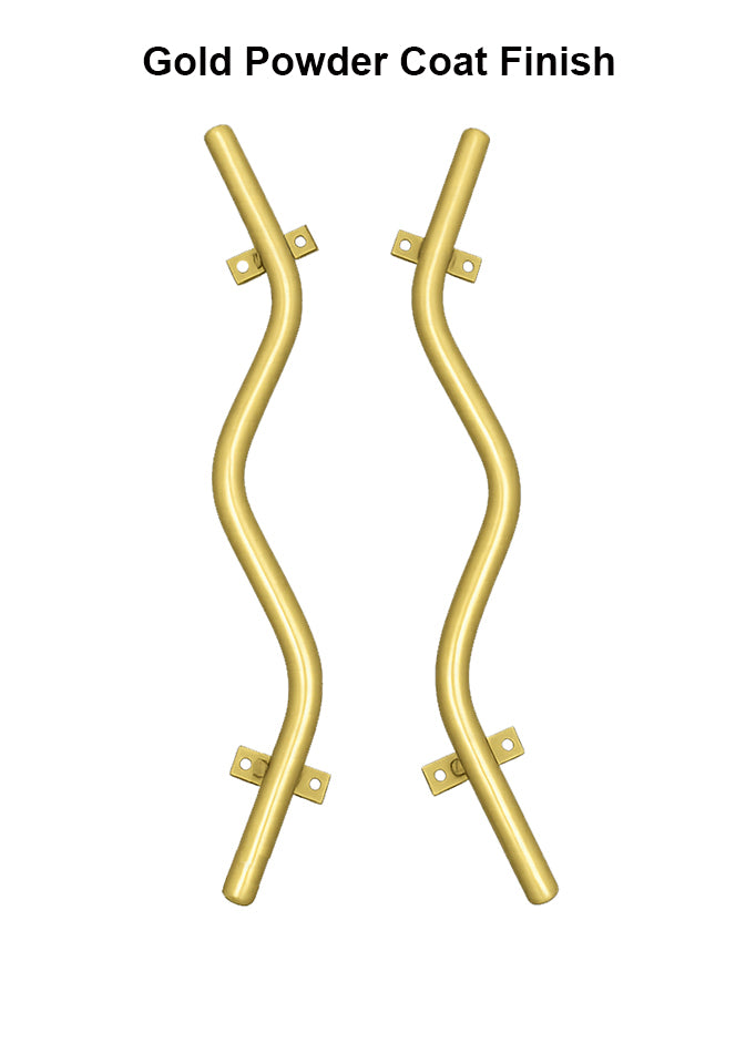 Pair of curved metal handles in gold powder coat finish