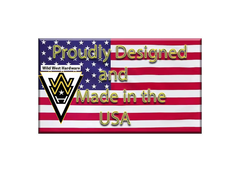 American flag with 'Proudly Designed and Made in the USA' text and Wild West Hardware logo.