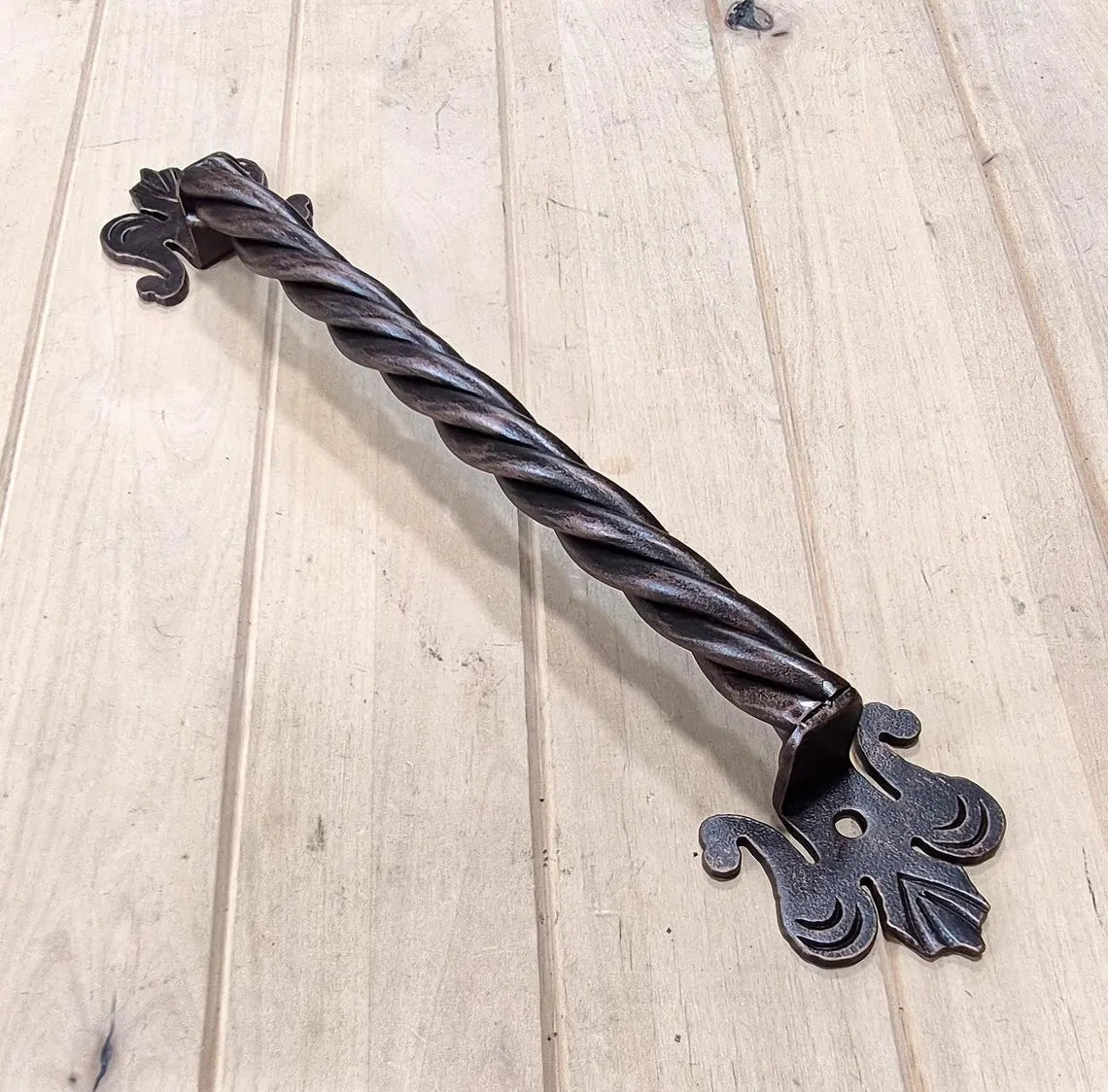 Iron Strand Barn Door Handle with Fleur De Lis Mounting Bases