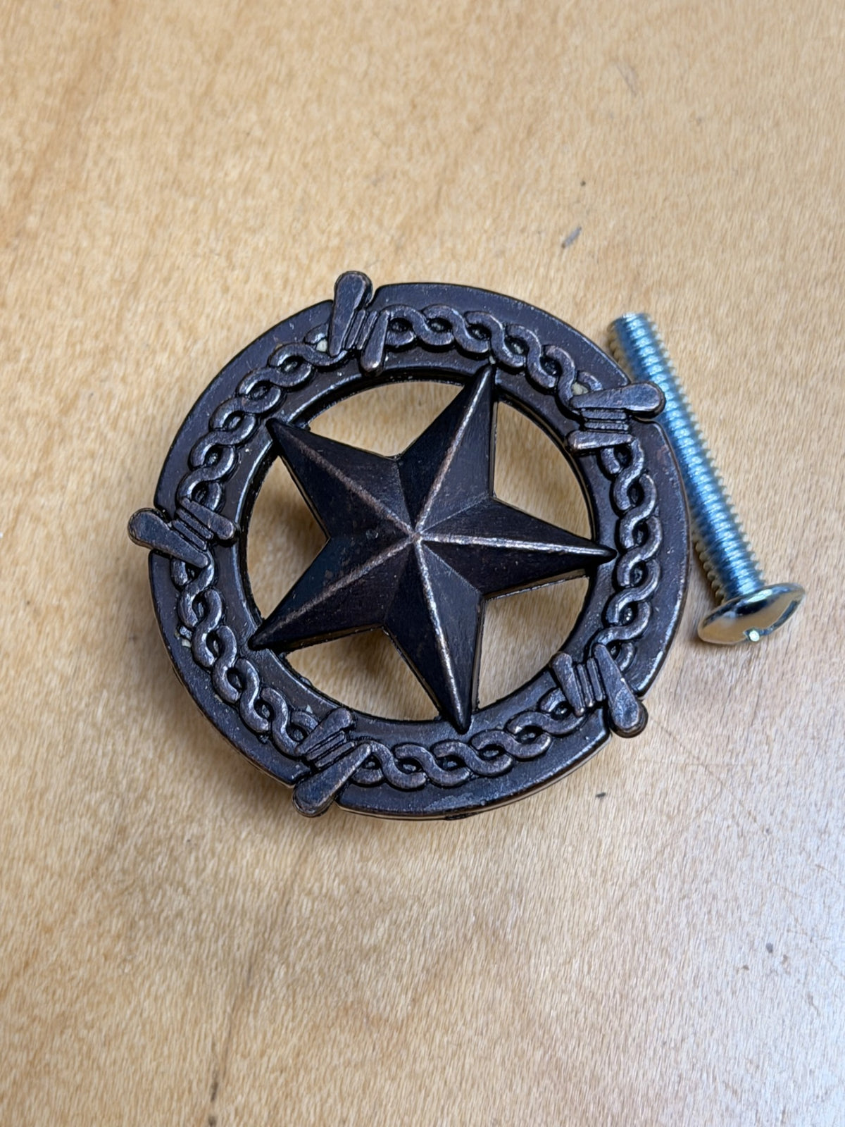 Star Knob, Round with Barb Wire Border  5 finishes