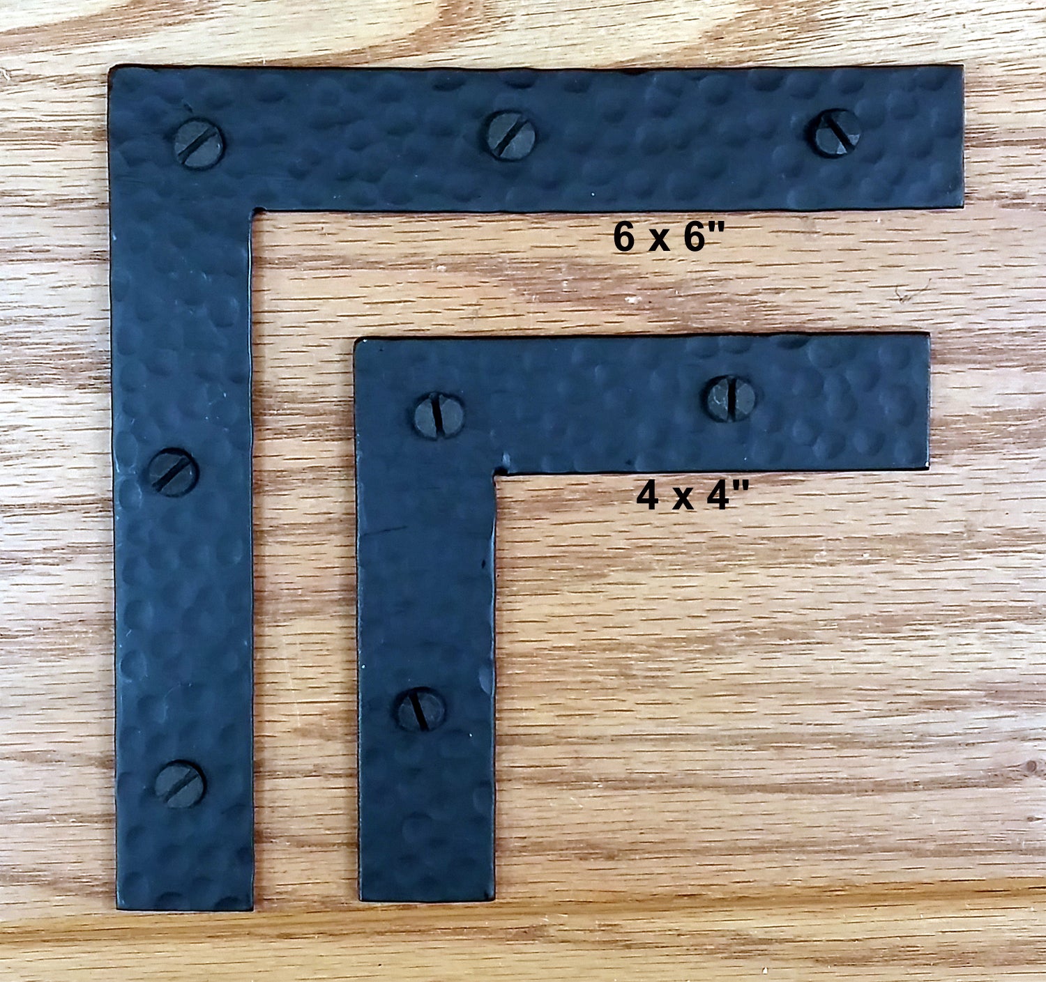 Hand-forged, Rustic L Brackets, Braces 4" and 6" with Square Ends (incl Rustic head screws) - Wild West Hardware