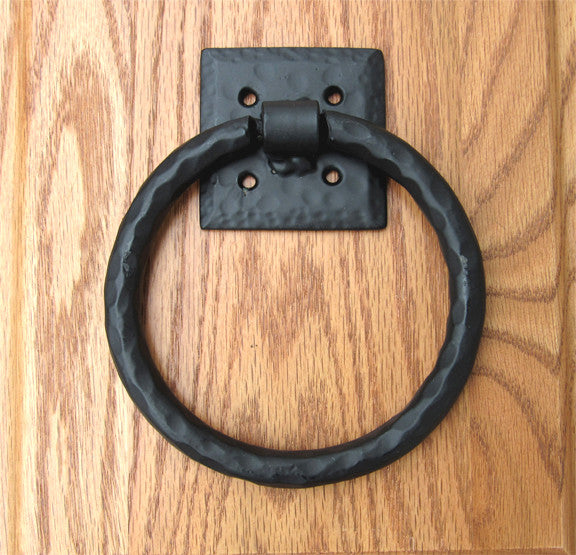 Distressed 5&quot; ring pull with hammered back plate (new larger size) - Wild West Hardware