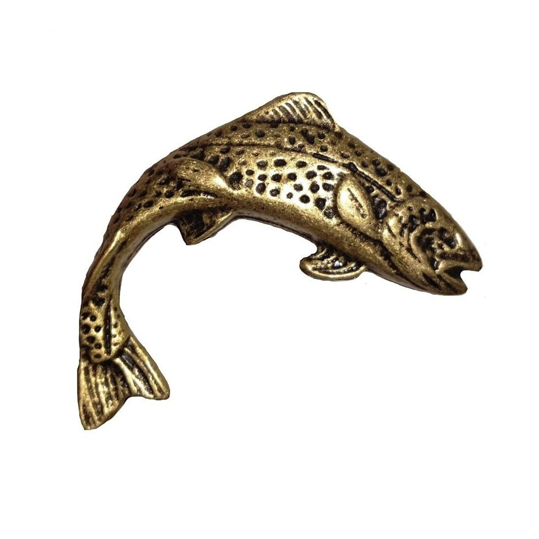 Cabinet Knobs - Rustic Jumping Trout - Left Facing - Antique Brass