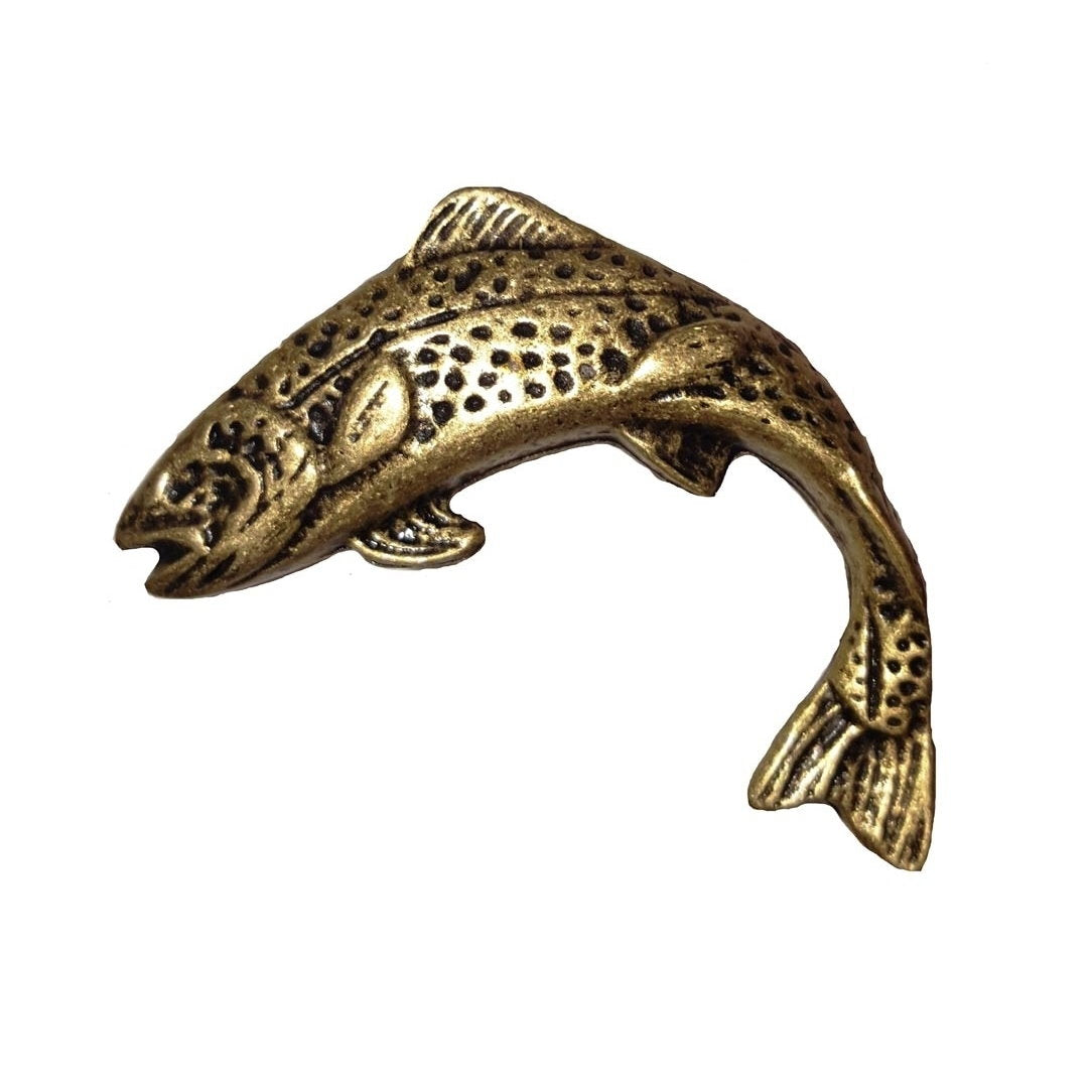 Cabinet Knobs - Rustic Jumping Trout - Left Facing - Antique Brass