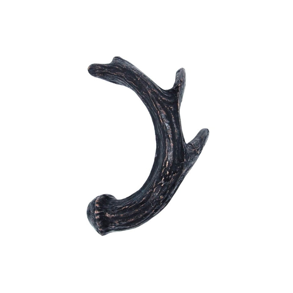 Rustic deer antler cabinet pulls facing left in oil-rubbed bronze