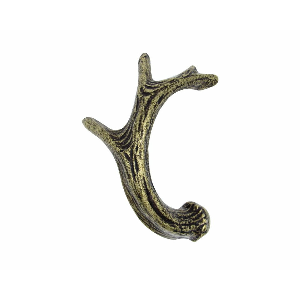 Rustic deer antler cabinet pulls facing right in Brass