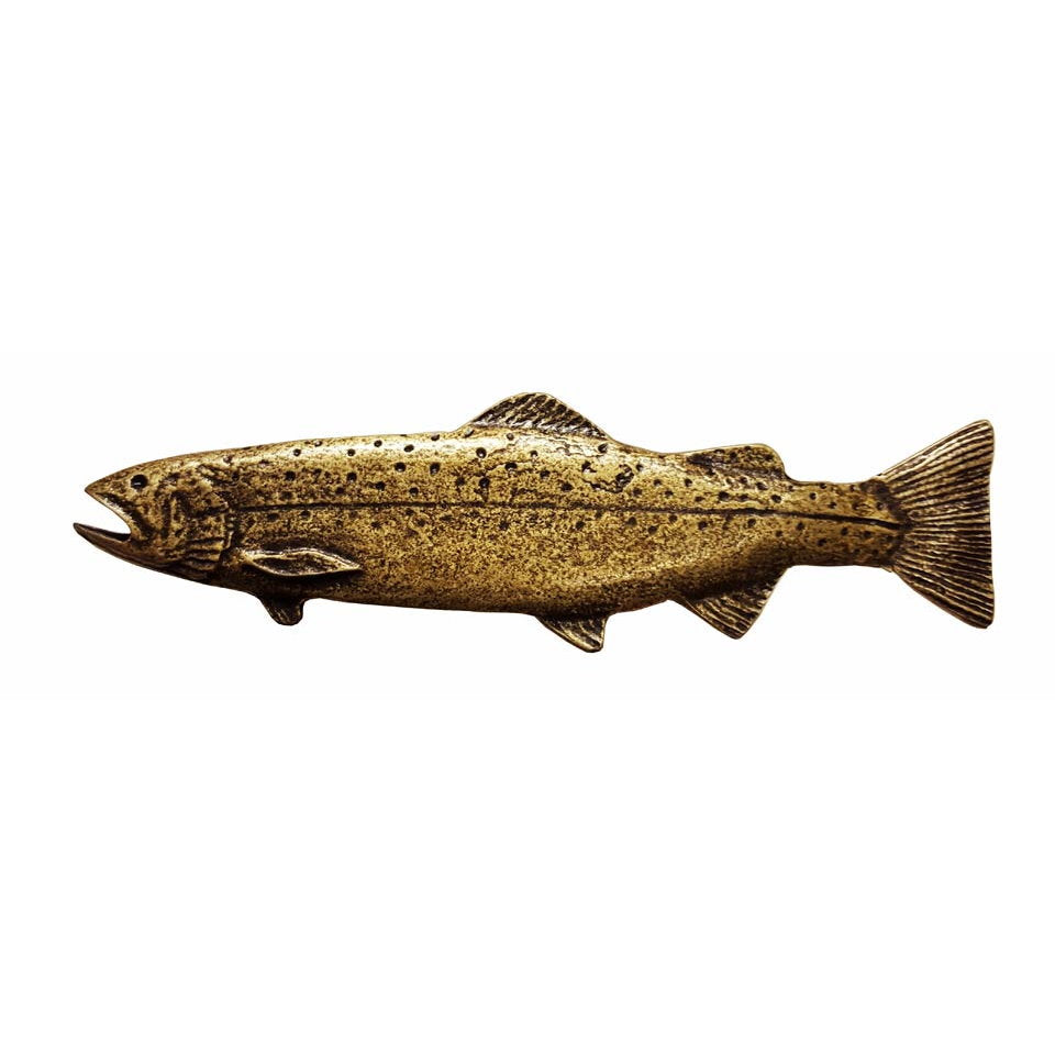 Rustic long trout cabinet pulls facing left in  Brass