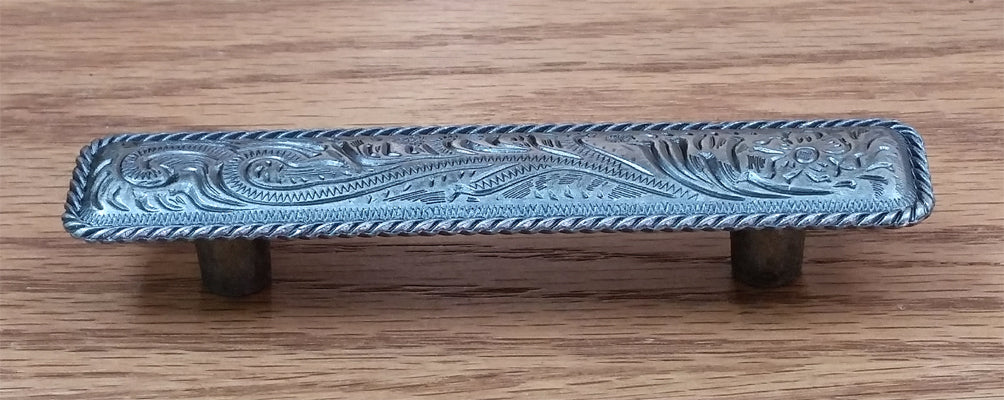 Engraved Drawer Pull w/ rope edge, Old Silver finish - Wild West Hardware
