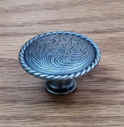 Engraved Knob w/ rope edge, Old Silver finish - Wild West Hardware