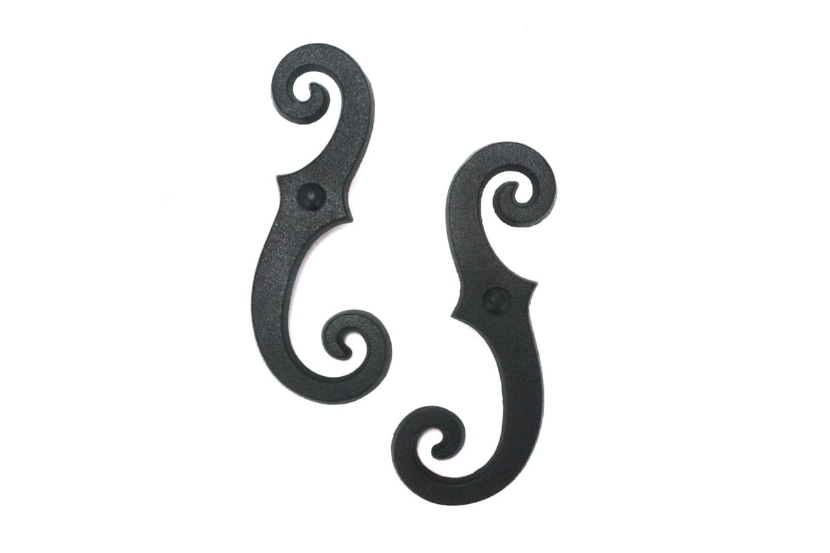 Faux Shutter Dogs Tiebacks - Beveled Smooth Scroll, 6-3/4 Inch, Black Powder Coat