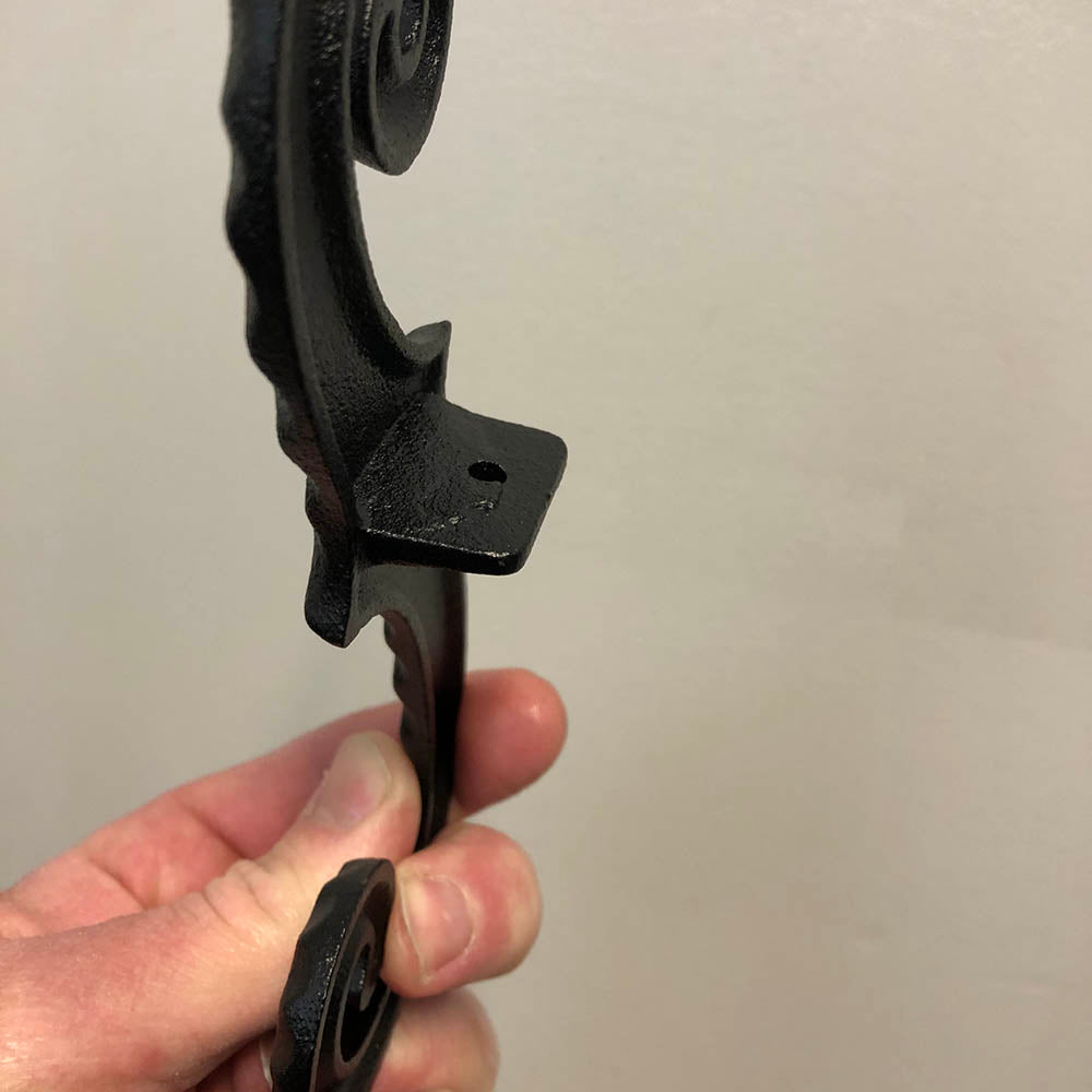 Faux Shutter Dogs Tiebacks - Beveled Smooth Scroll, 6-3/4 Inch, Black Powder Coat