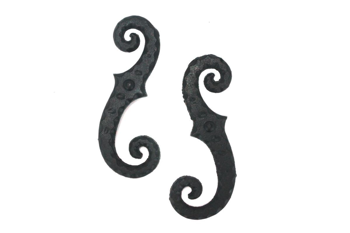 Faux Shutter Dogs Tiebacks - Stippled Scroll - 6-3/4 Inch - Black Powder Coat