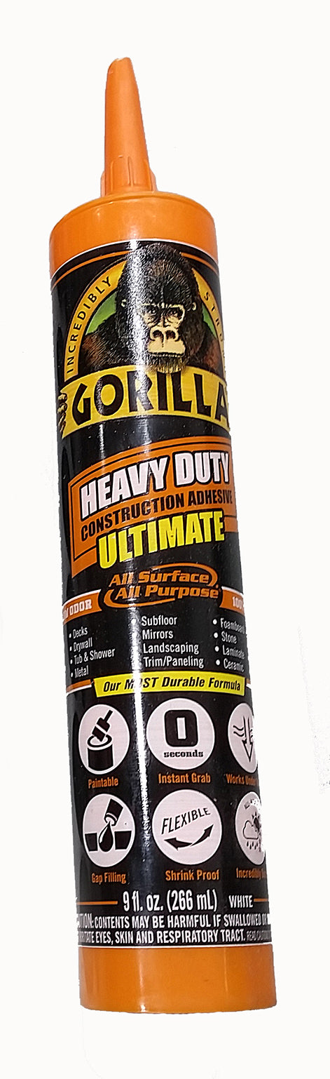 A tube of Gorilla Heavy Duty Ultimate Construction Adhesive, displayed on a white background.