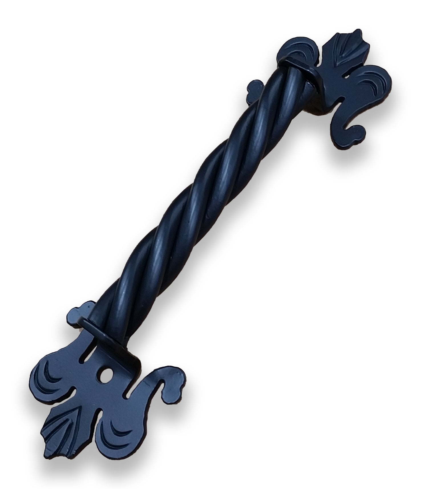 Twisted strand iron barn door handle with Fleur De Lis mounting plates - Wild West Hardware