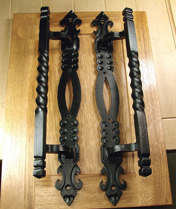 Large Twisted Iron Door Pull with Fancy Back Plate - Wild West Hardware