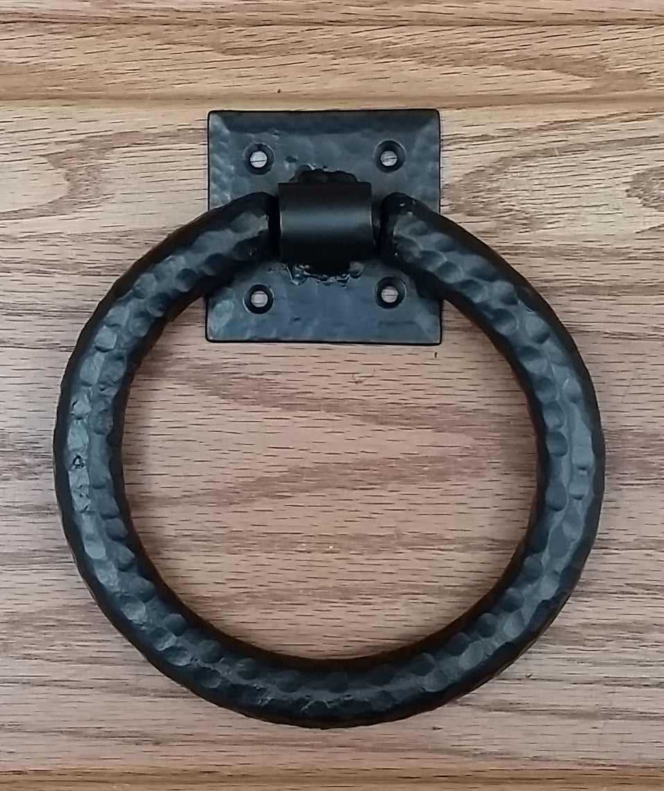 Distressed 6" ring pull with hammered back plate (our largest in this class) - Wild West Hardware