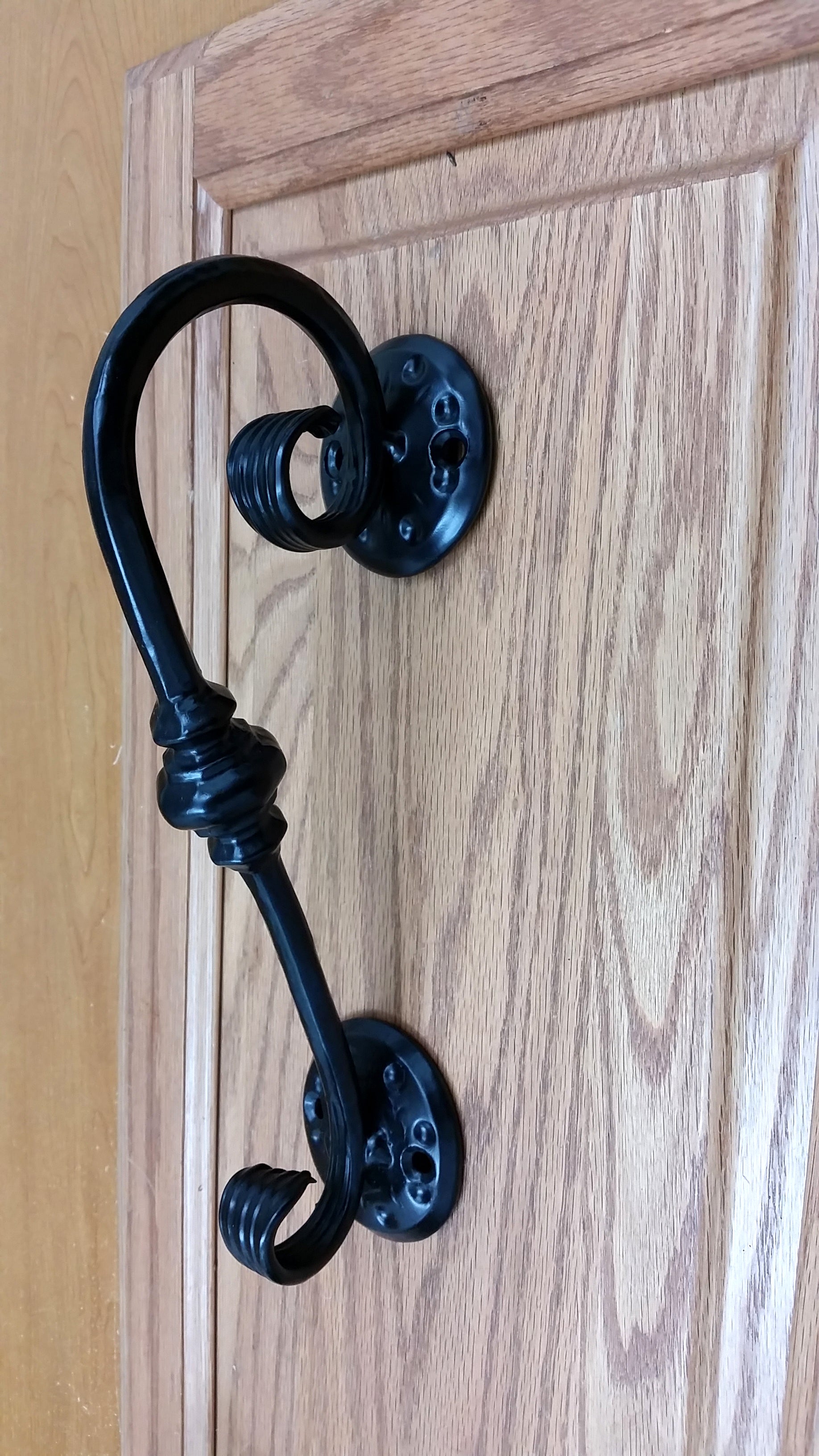 Scrolled Door Pull with decorative round base plates - Wild West Hardware