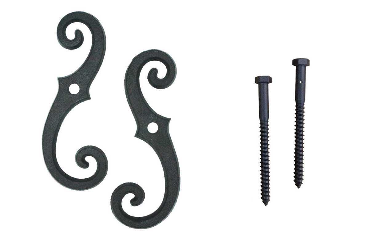 Shutter Dogs Tiebacks - Beveled Scroll with Lag, 6-3/4 Inch, Black Powder Coat