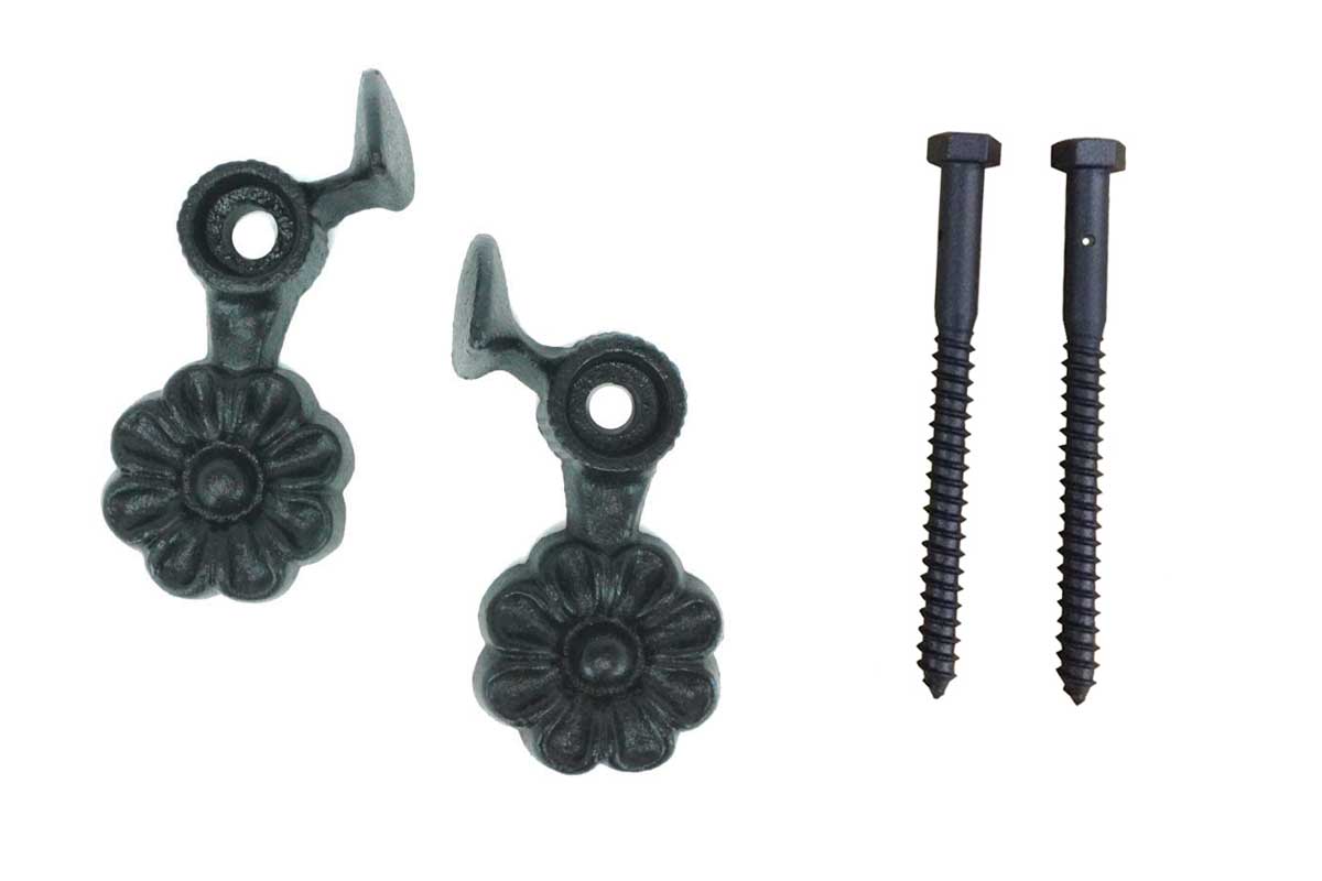 Shutter Dogs Tiebacks - Flower with Lag - 4-1/2 Inch - Black Powder Coat