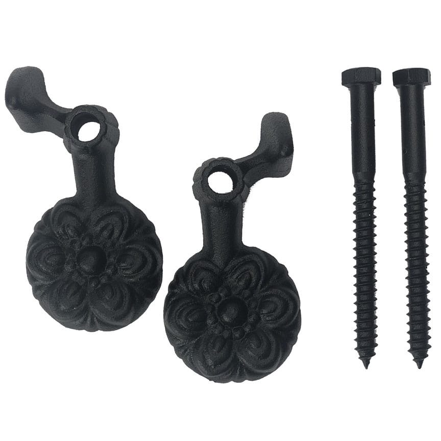 Shutter Dogs Tiebacks - JP Style 35-L Flower with Lag - 4-1/4 Inch - Black Powder Coat