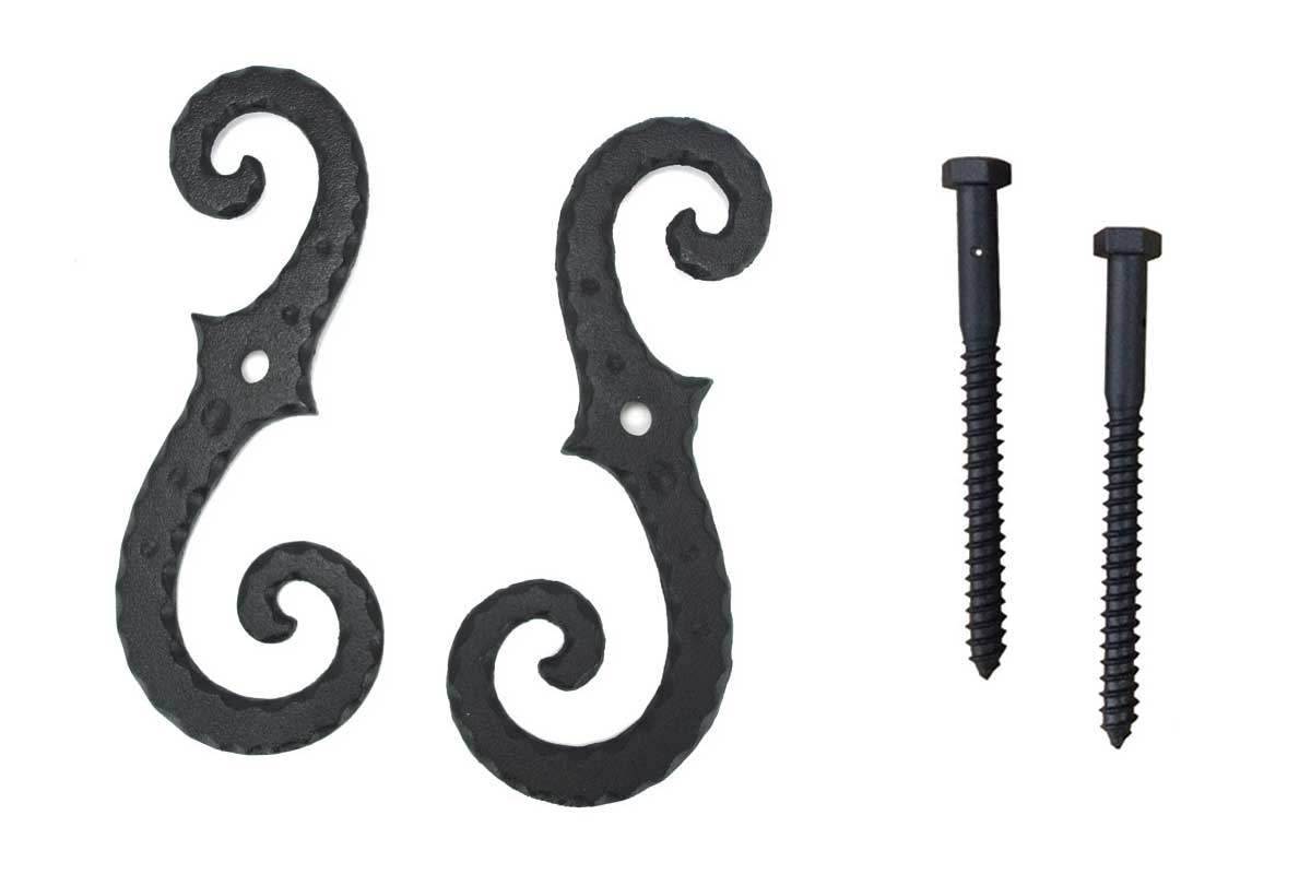 Shutter Dogs Tiebacks - Scroll with Lag Large - 8 Inch - Black Powder Coat