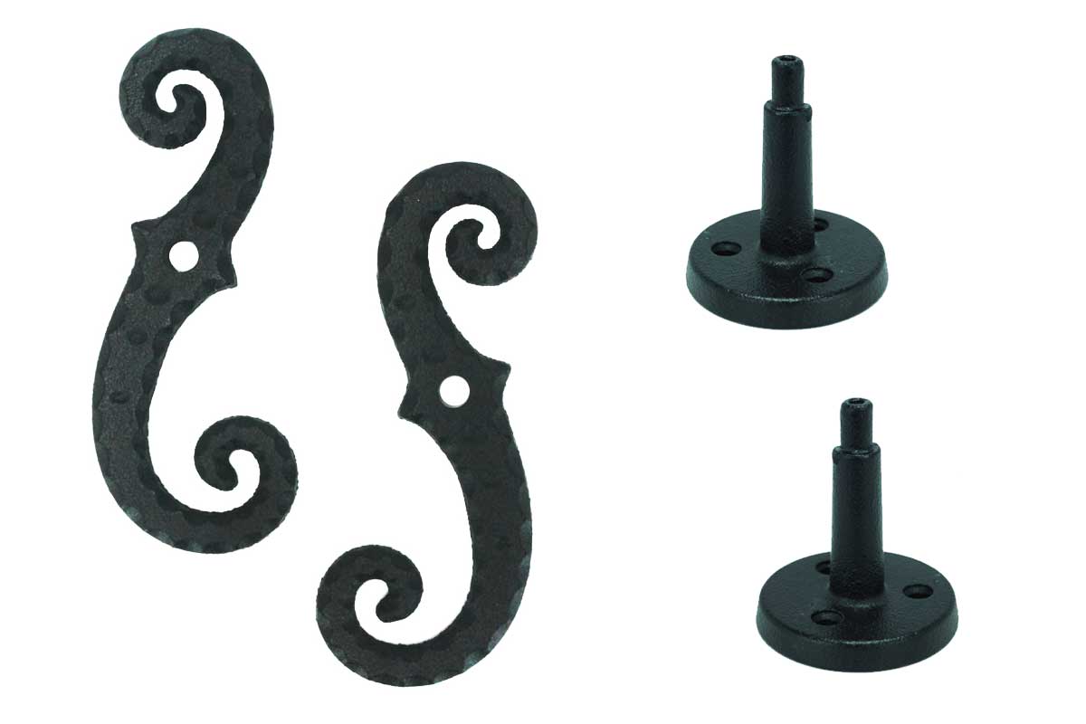 Shutter Dogs Tiebacks - Scroll with Post, 6-3/4 Inch, Black Powder Coat