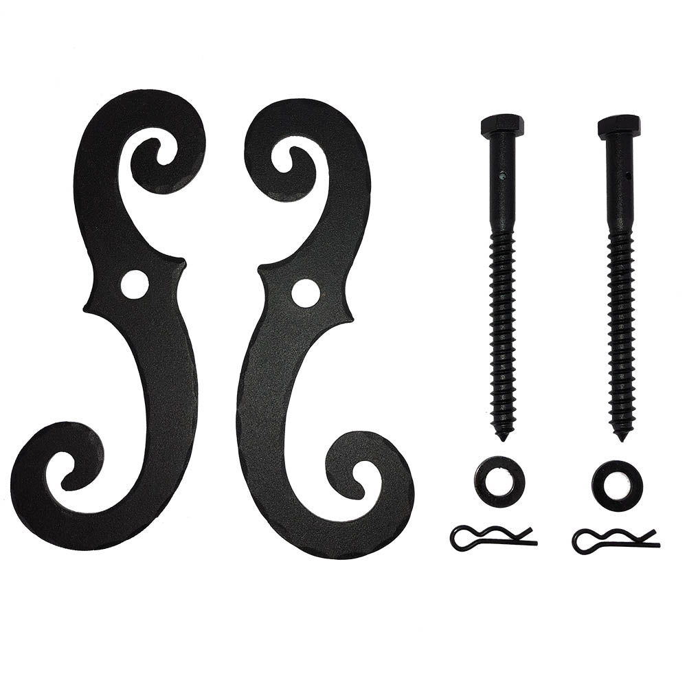 Shutter Dogs Tiebacks - Steel Scroll with Lag, 6-34 Inch, Black Textured Powder Coat