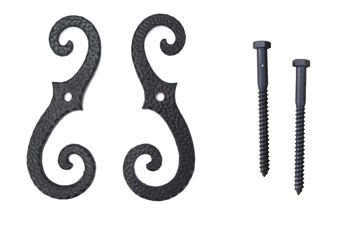 Shutter Dogs Tiebacks - Stippled Scroll with Lag Large - 8 Inch - Black Powder Coat