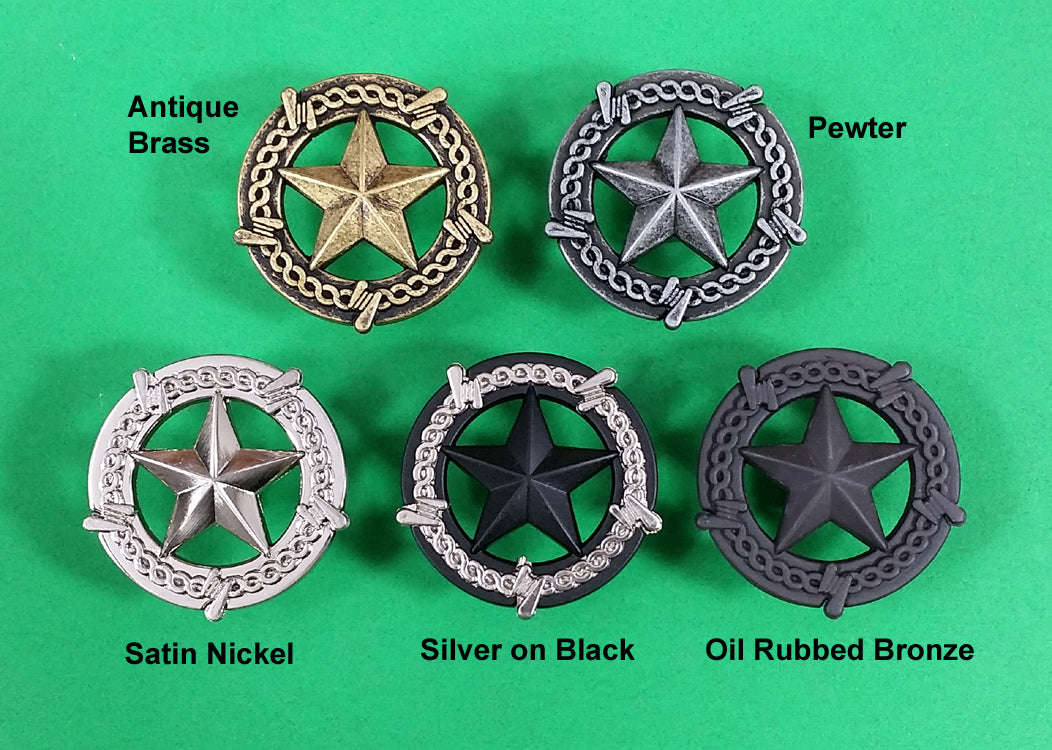 Star Knob, Round with Barb Wire Border  5 finishes - Wild West Hardware