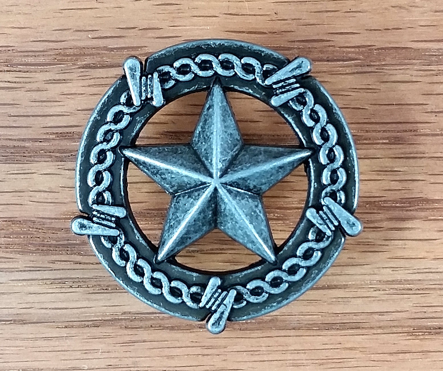 Star Knob, Round with Barb Wire Border  5 finishes - Wild West Hardware