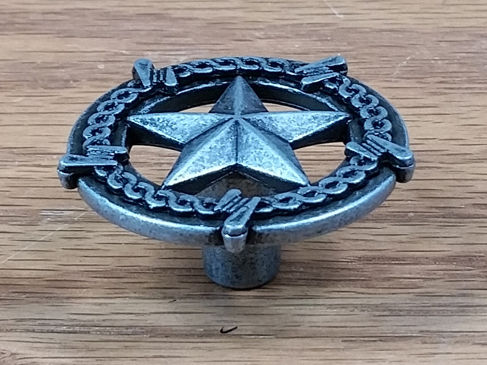 Star Knob, Round with Barb Wire Border  5 finishes - Wild West Hardware