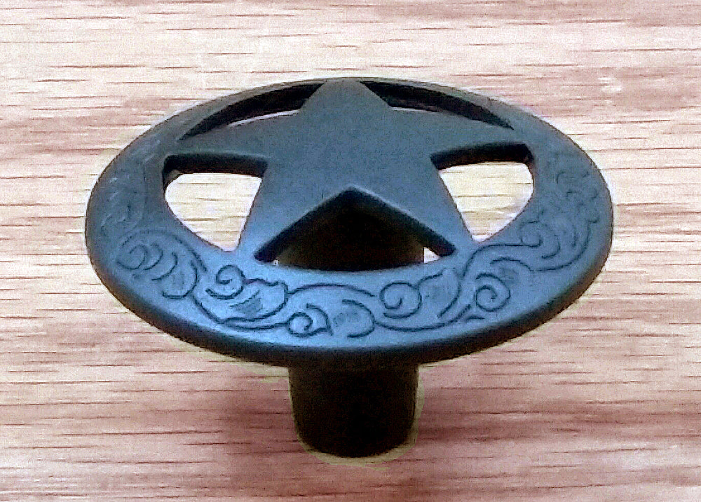 Western Style Star Knob with Engraved Border Edge, Oil Rubbed Bronze finish (Set of 10) - Wild West Hardware