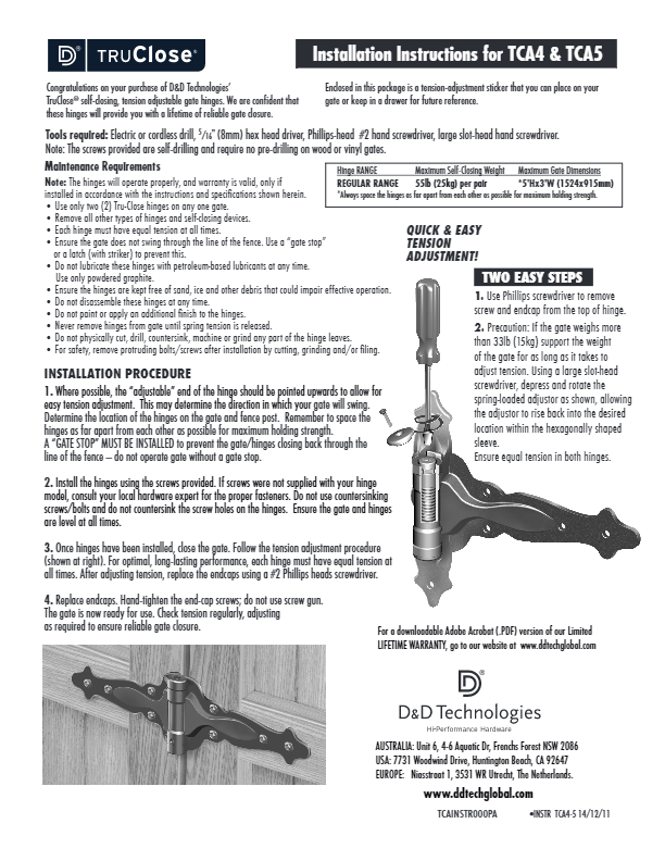 Adjustable Gate Spring T-Hinge - Black For Gate Gap (1/4" - 7/8") Tca4 For Wood, Metal Or Vinyl Gates - Sold in Pairs