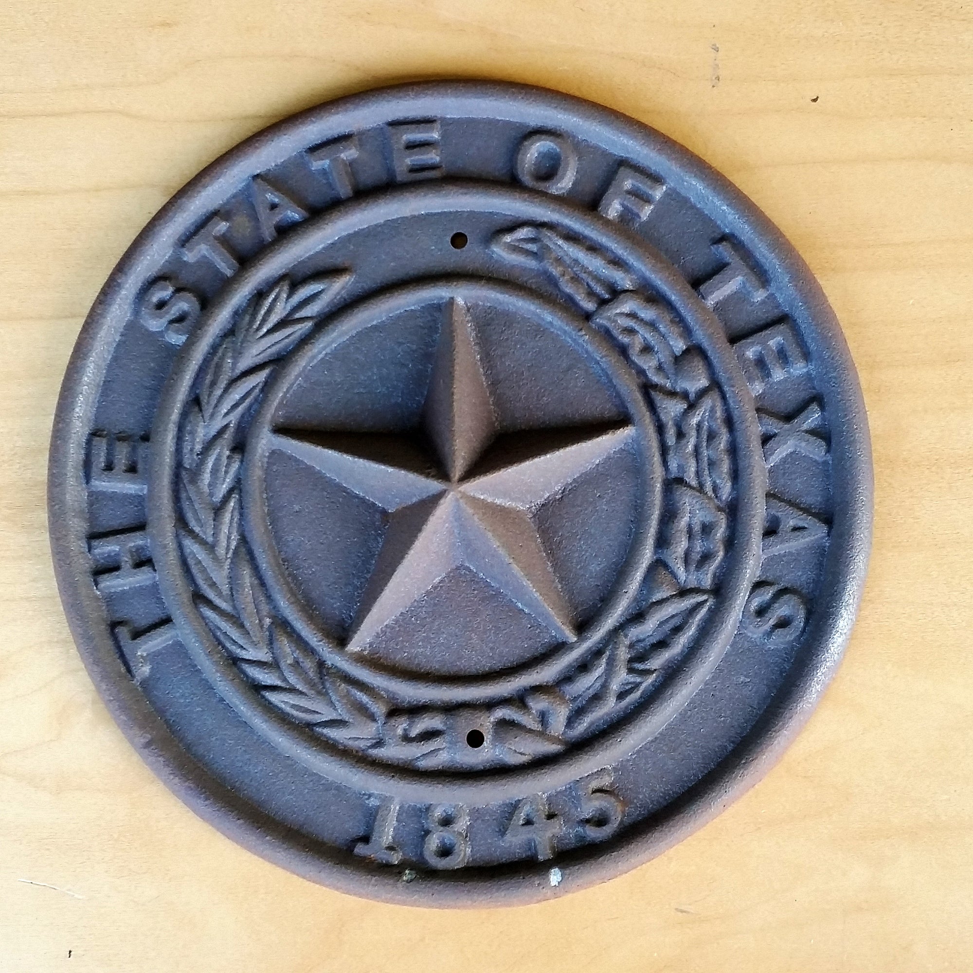 A Texas plaque made of metal, used as a decorative item, displayed on a white background.