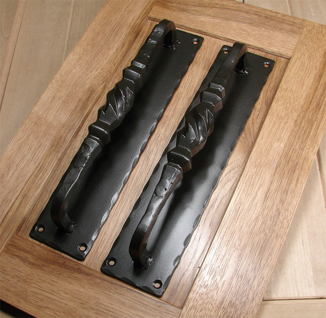 Tuscan Door Pull #4 with hammered back plate - Wild West Hardware