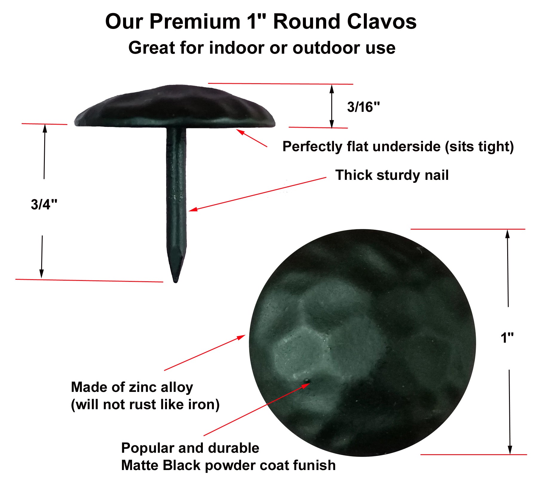 Clavos, Decorative Nails, Premium, 1" diameter round clavos in matte black powder coat finish, Specifications - Wild West Hardware