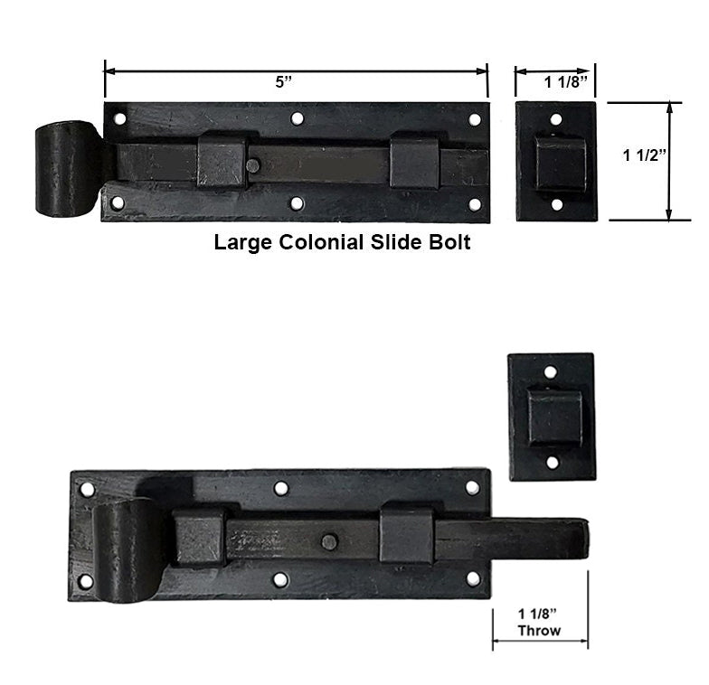 Colonial Surface Slide Bolt with curled handle with dimensions - Wild West Hardware