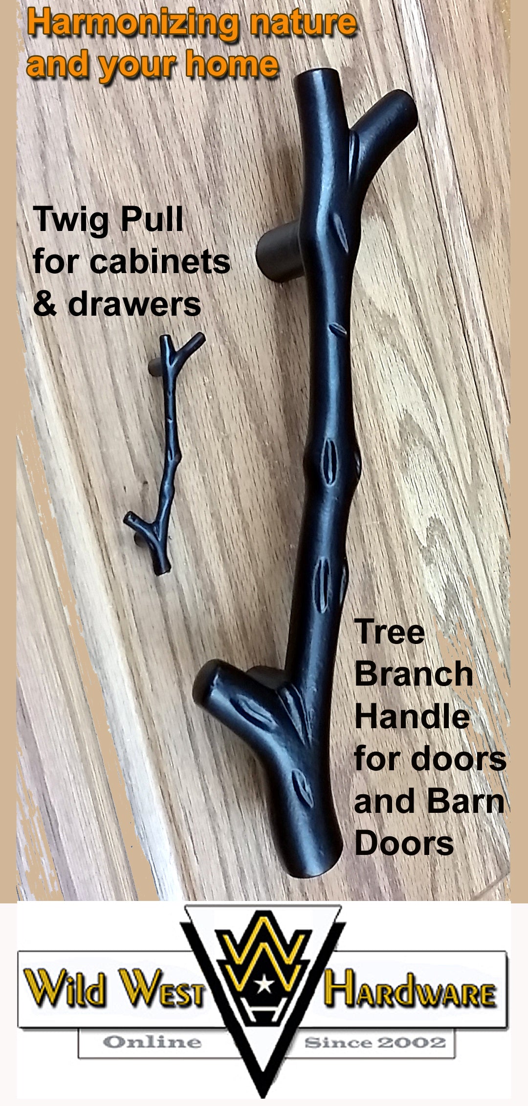 Large Tree Branch Barn Door Handle and Matching Flush Pull Set - Wild West Hardware